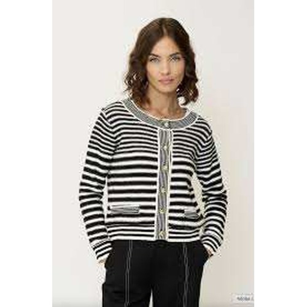 Marled Womens Navy White Cardigan Striped Minimalist Knit Button Nautical